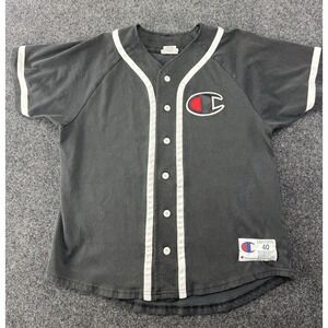 VTG Champion Baseball Jersey Button Front Gray Black Script Logo 40 M 21x25.5